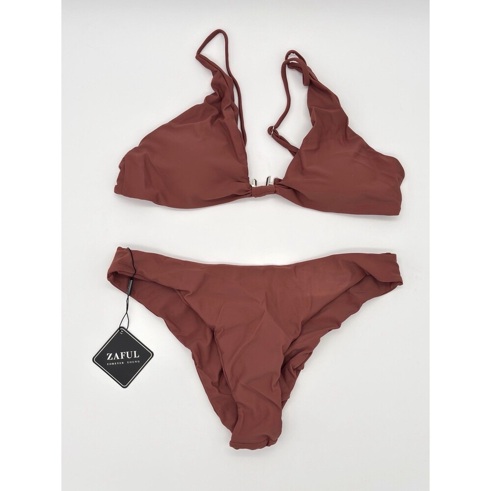 Women's Tie Knot Front Spaghetti Strap High Cut Bikini Set Swimsuit Size L beach
